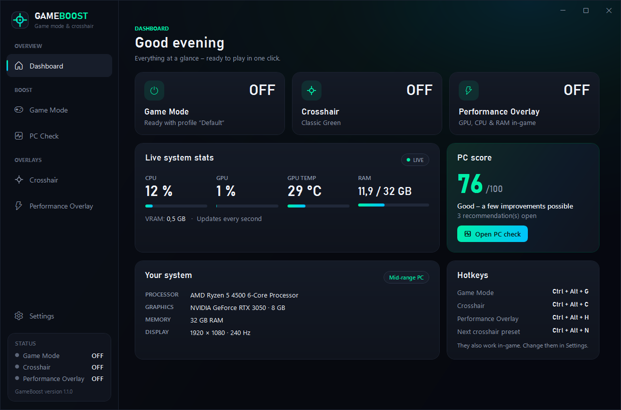 GameBoost dashboard with quick toggles, live stats and PC score