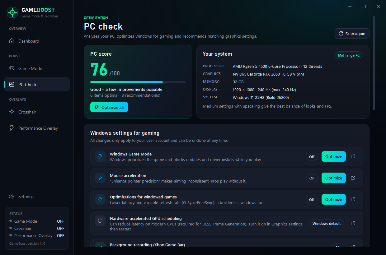 PC check with score, hardware and one-click optimizations