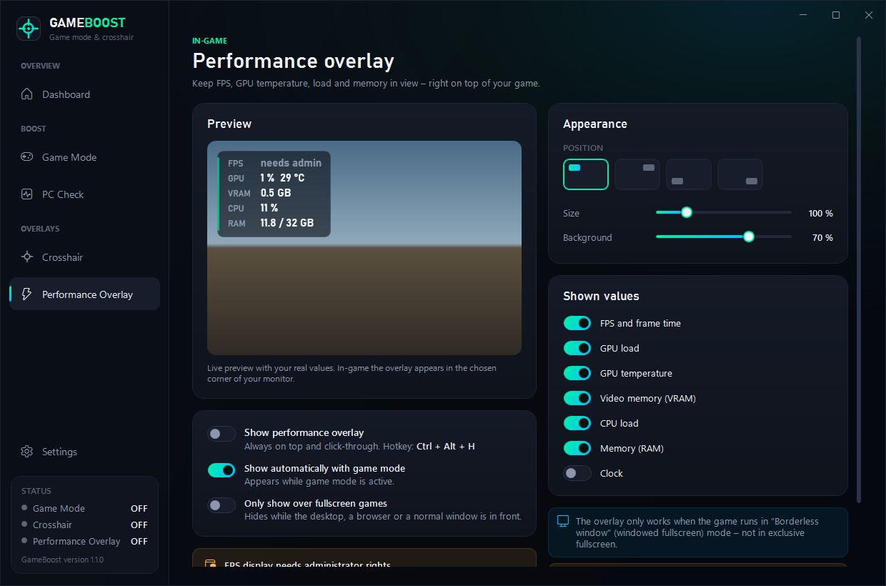 Performance overlay settings with live preview